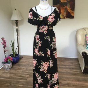 BAND OF GYPSIES Floral Long Dress Double Slit Cold Shoulder A-Line Pocket S